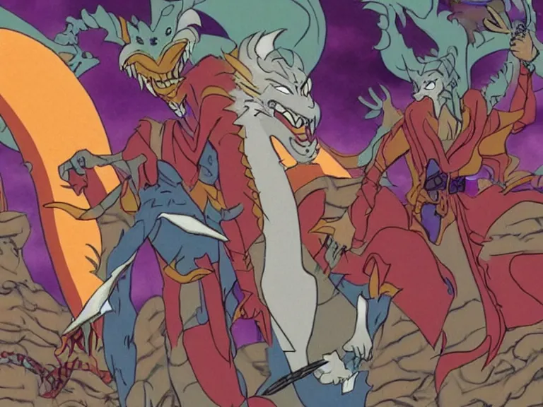 Prompt: David Bowie faces dragonlord gristletooth, still from David Bowie and the dragon lords, animated feature, in the style of don bluth, 1981, blu ray transfer, 8k