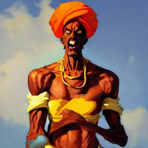 Image similar to greg manchess portrait painting of dhalsim from street fighter spitting fire as overwatch character, medium shot, asymmetrical, profile picture, organic painting, sunny day, matte painting, bold shapes, hard edges, street art, trending on artstation, by huang guangjian and gil elvgren and gerald brom