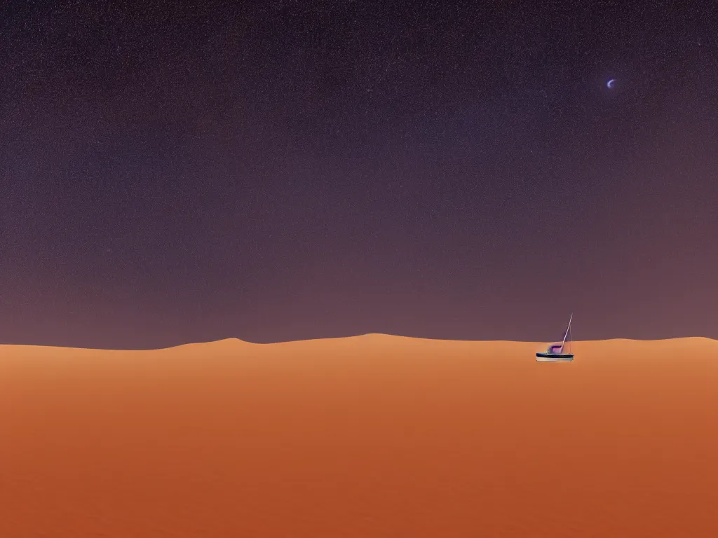 Prompt: cinematic, film grain, photography, epic composition, realistic, 3 5 mm, a small sailboat sailing in the a sandstorm, in the sahara desert, midnight, starry sky, shooting stars, octane rendering, 8 k, epic lighting