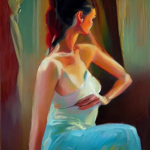 Image similar to an oil on canvas painting of a beautiful feminine woman from the 60's, leaning against the wall, living room, figurative art, studio portrait, deviantart, cgsociety, chiaroscuro, acrylic art, by Elmer Bischoff, by Michael Garmash