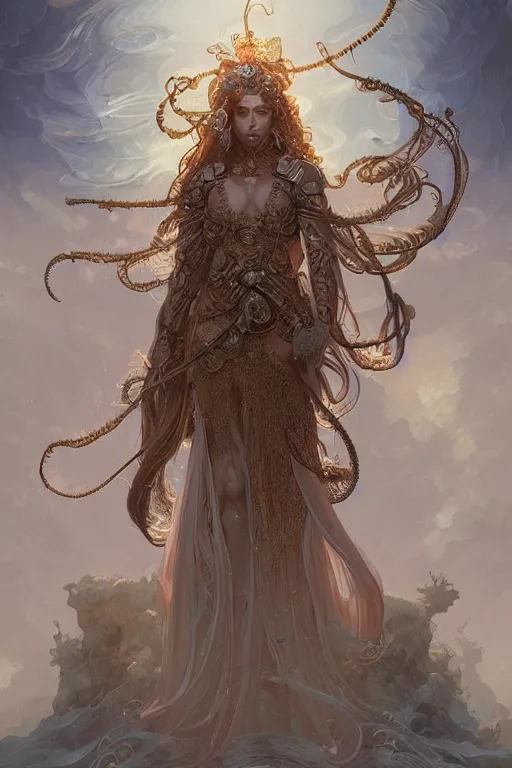 Prompt: a portrait of anthropomorphic jellyfish warrior goddess, D&D, fantasy, intricate, highly detailed, digital painting, artstation, concept art, smooth, sharp focus, illustration, art by artgerm and greg rutkowski and alphonse mucha