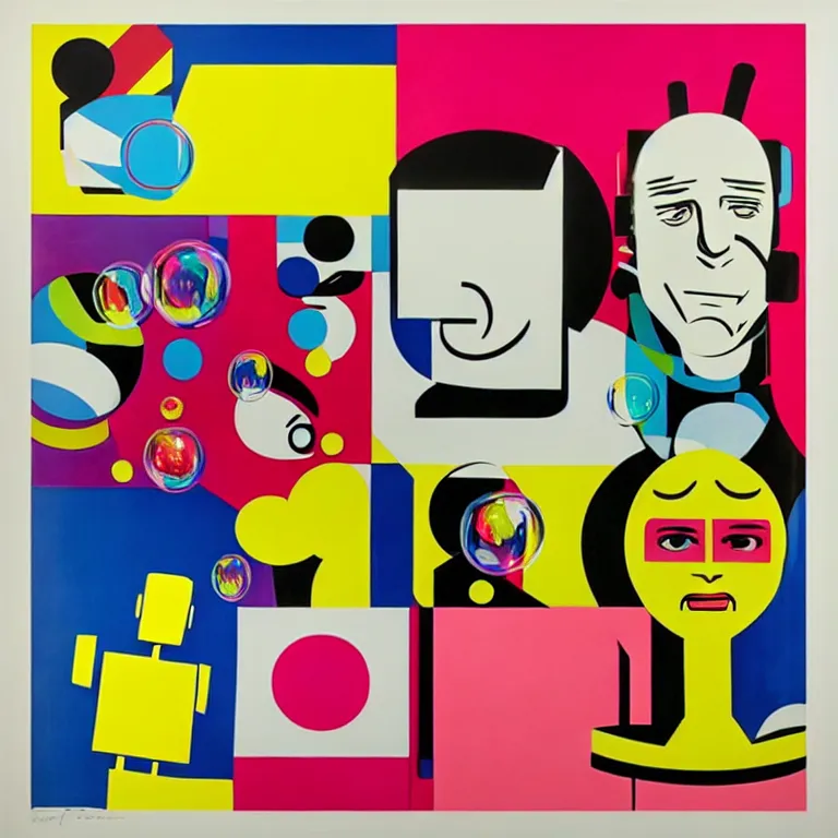 Image similar to ( ( ( ( ( a portrait of a robot family with soap bubbles, pop art ) ) ) ) ) by roy lichtenstein, claes oldenburg, james rosenquist, andy warhol and wayne thiebaud!!!!!!!!!!!!!!!!!!!!!!!!!!!!!!