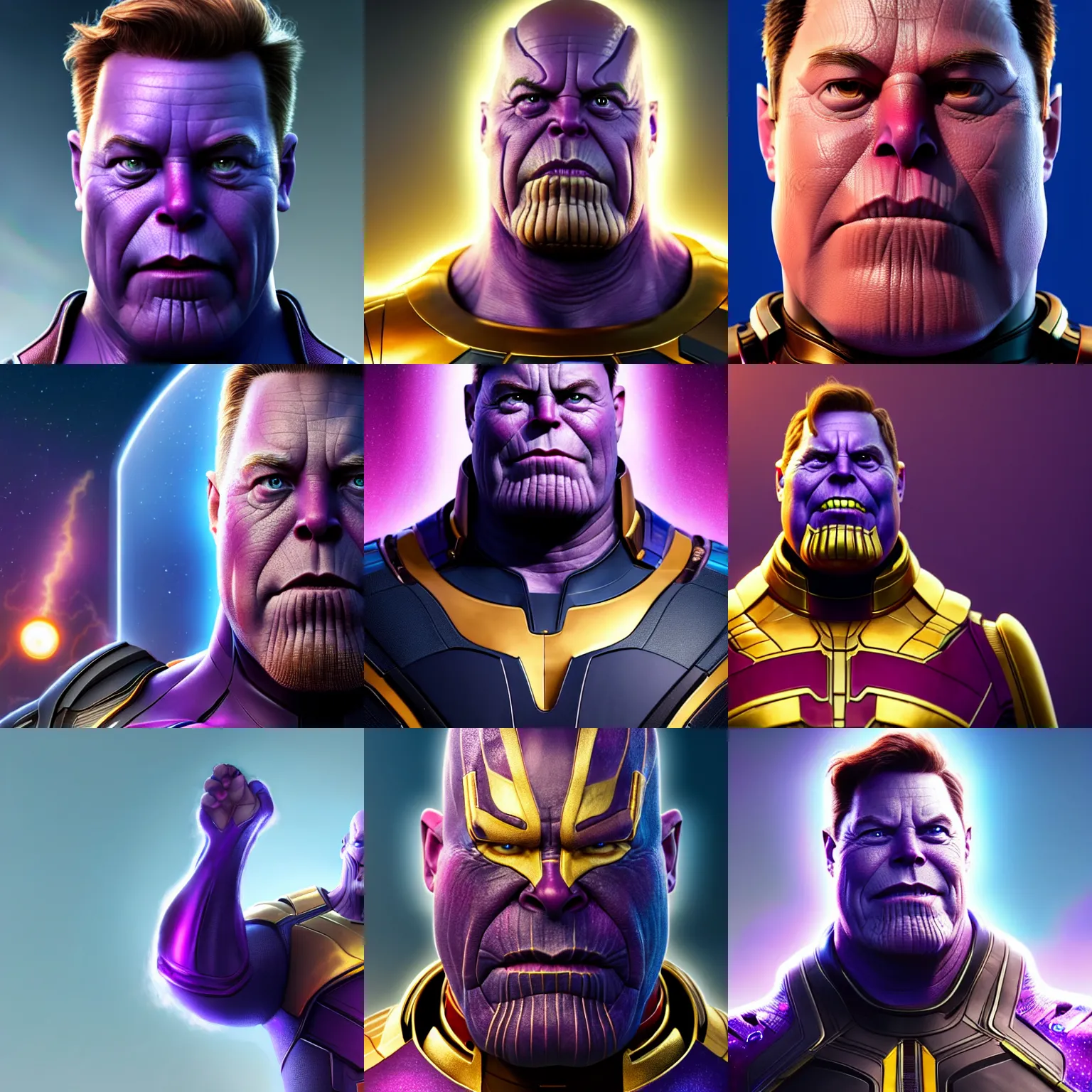 Image similar to a full character portrait of elon musk as thanos, the pixar adaptation, with same hairstyle, hyper detailed, digital art, trending in artstation, cinematic lighting, studio quality, smooth render, unreal engine 5 rendered, octane rendered