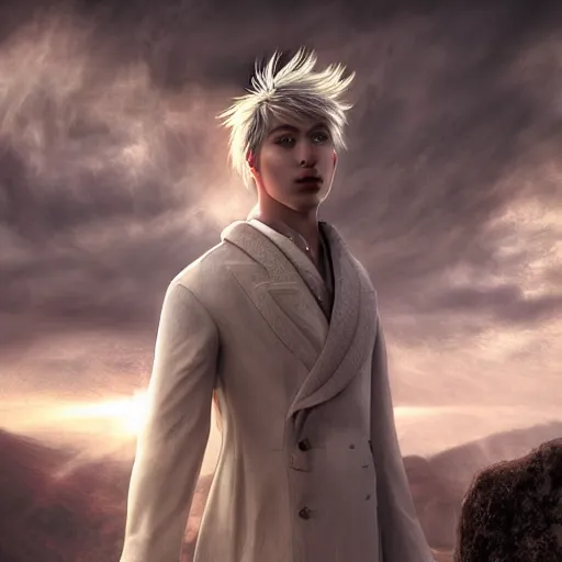 Image similar to a portrait of a young handsome prince with white fringy hair, epic beautiful landscape, elegant, beautiful, backlit, incredible lighting, strong rim light, highly detailed, god rays, digital painting, HDRI, by Heise Jinyao, Heise-Lian Yan Fang, Feimo, Richard Taddei, vivid colors, high contrast, 8k resolution, intricate, photorealistic, smooth