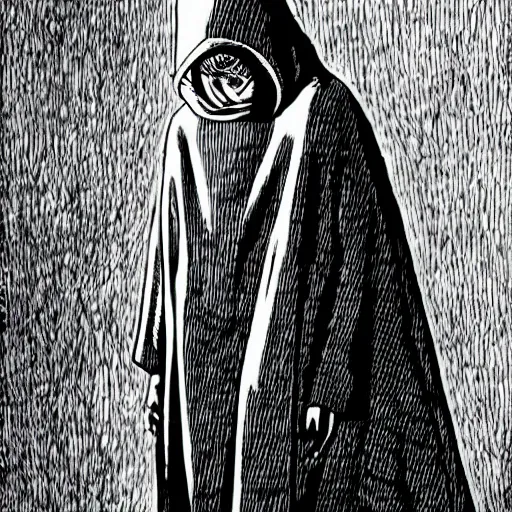 Image similar to hooded man, junji ito,