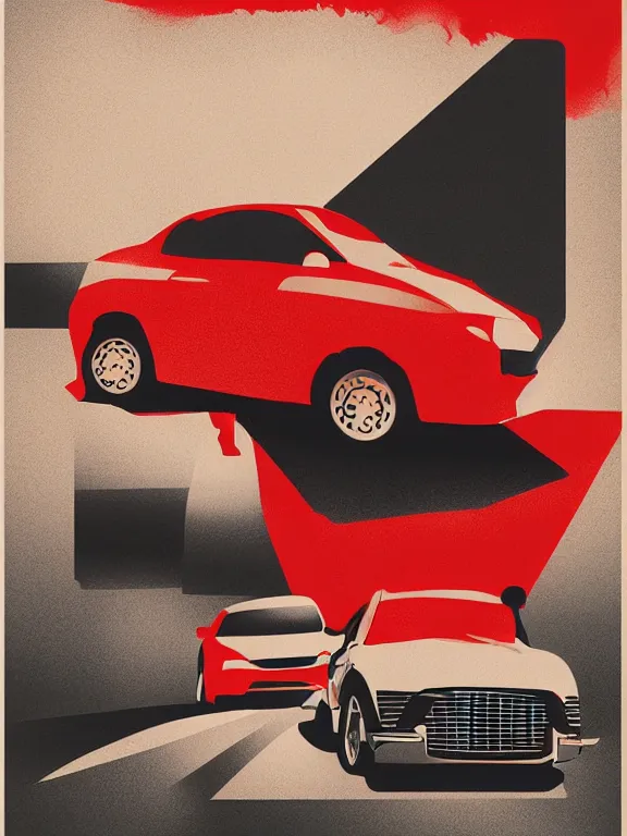 Image similar to Movie poster featuring a vector of a small black car in the middle with some red details, modernism, beige background, in the style of Vasilis Marmatakis