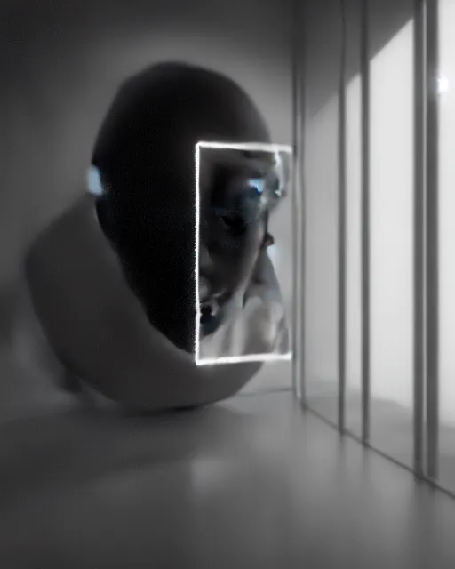 Image similar to black and white high quality photo of a beautiful female vegetal-cyborg looking into a sci-fi mirror, volumetric lighting, brutalism, foggy, dreamy, hyperdetailed, bokeh, photorealistic, cinematic, masterpiece, elegant, dark, by Man Ray in the style of Horst P. Horst, octane render, 8K,