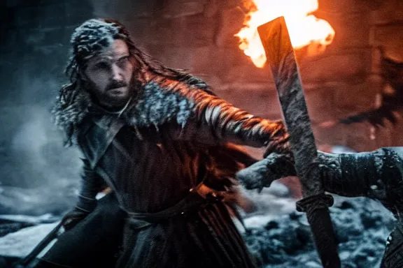 Image similar to very very intricate photorealistic photo of jon snow fighting the night king, photo is in focus with detailed atmospheric lighting, award - winning details