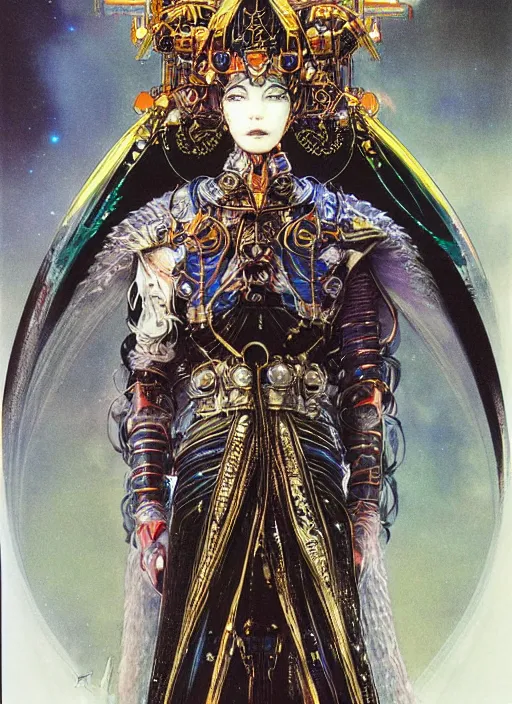 Prompt: a portrait of a scifi technopriest, long robes, elaborate headdress, 8 0 s matte illustration by yoshitaka amano, cover art