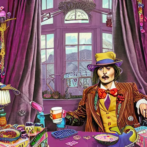 Prompt: Johnny Depp is covered in a blanket and drinking tea in Willy Wonka's Chocolate Factory, Illustration, Colorful, insanely detailed and intricate, super detailed, by Alexis Franklin
