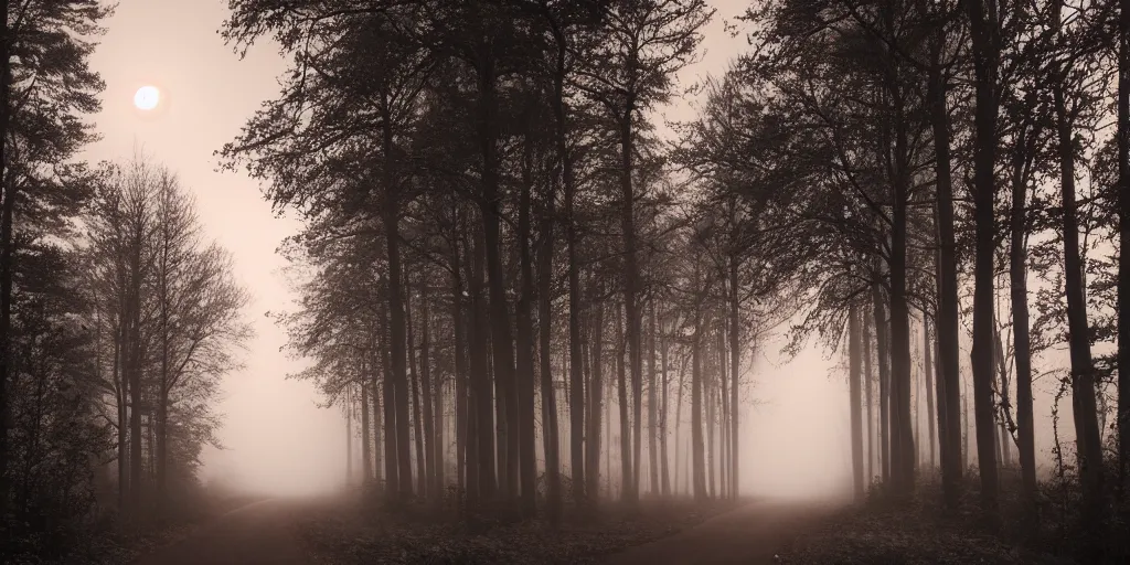 Image similar to road between tall trees, night, fog, cold light, moon