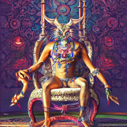 Prompt: a beautiful painting of a demon sitting on top of a chair, a high detailed painting by ram chandra shukla, by ali akbar sadeghi, pixiv contest winner, bengal school of art, symmetrical, coherent, maximalist, trending on artstation