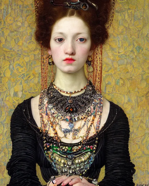 Image similar to a close up of beautiful girl with black lipstick wearing a intricate necklace surrounded by colourful intricate patterns, by edgar maxence and caravaggio and michael whelan, intricate painting, hyper realistic, extremely detailed and beautiful aesthetic face, 8 k resolution