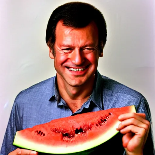 Image similar to recep tayyip smiling holding watermelon for a 1 9 9 0 s sitcom tv show, studio photograph, portrait c 1 2. 0