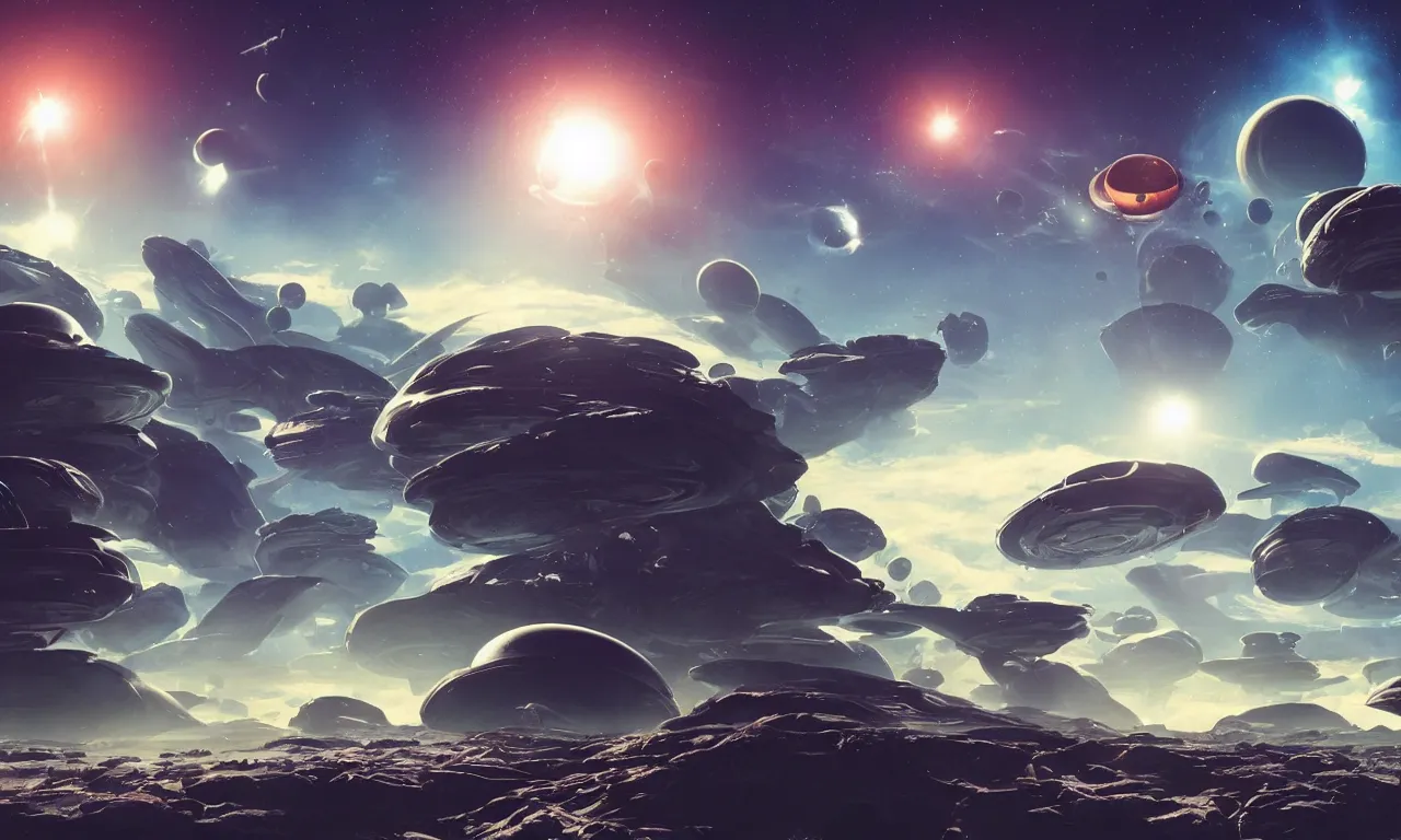 Image similar to Unexplored alien world with planets on the background, cinematic lighting, cinematic angle, Syd Mead, Federico Pelat, daylight, blue sky, spaceship in the sky