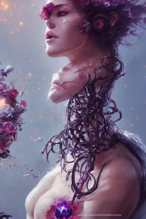 Image similar to face closeup of beautiful girl necromancer, witch - doctor exploding into flowers, angels, 3 d render, hyper - realistic detailed portrait, holding fire and electricity, ruan jia, wlop. scifi, fantasy, magic the gathering, hyper detailed, octane render, concept art, peter mohrbacher