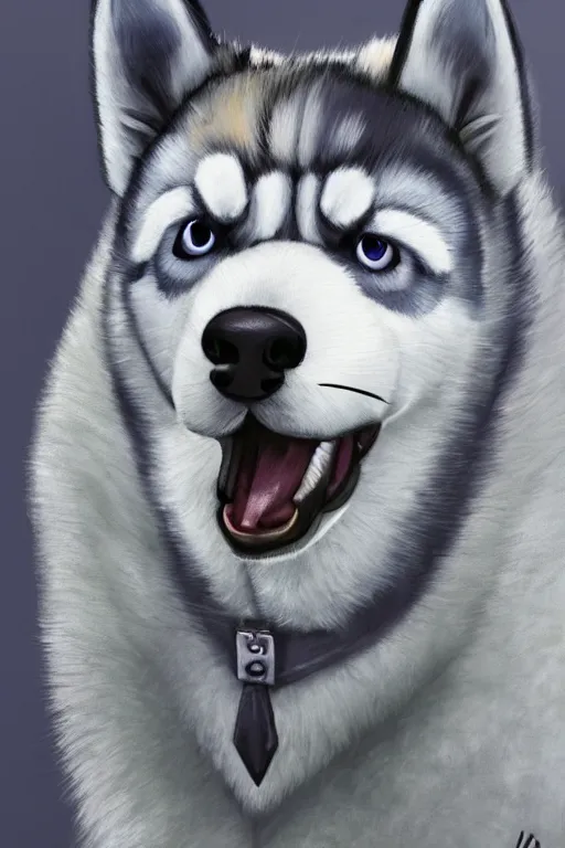 Image similar to a character design of a husky in grey vest, boxing, portrait painting, anime, studio ghibli, humanoid, anthropomorphic, personify, furry