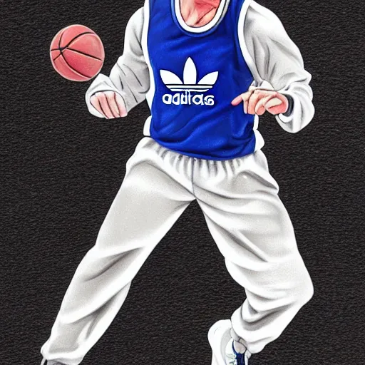 Image similar to walter white wearing adidas track suit and playing basketball, 8 k, photorealistic