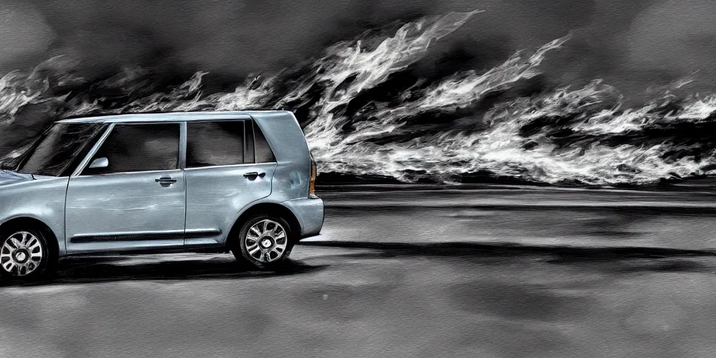 Image similar to first generation scion xb, on fire, digital art