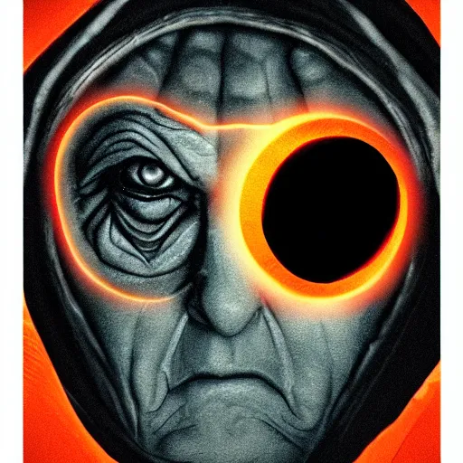 Image similar to portrait of Emperor Palpatine, Orange eyes, circles under the eyes, Star Wars movie Style, photo from the movie