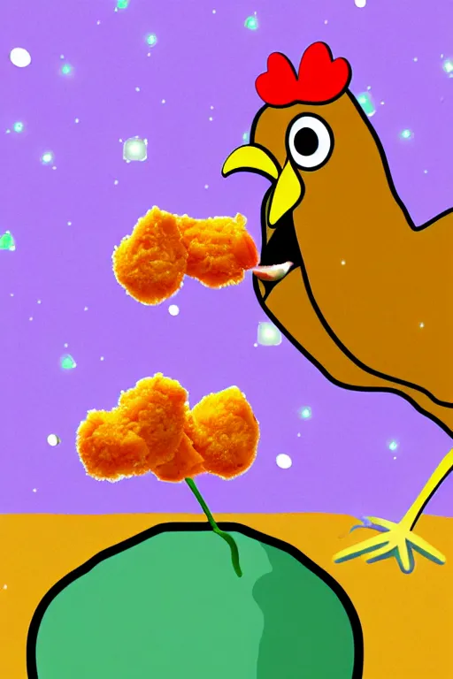 Prompt: A flower with a mouth eating a chicken nugget in space