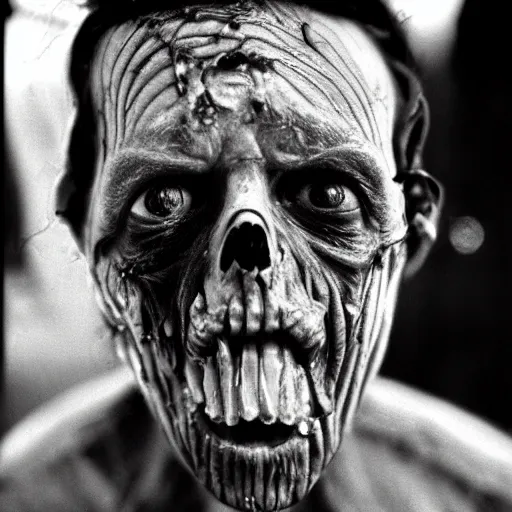 Image similar to real life sentient and composed irradiated undead with acute radiation sickness flaking, melting, rotting skin wearing 1950s clothes in a 1950s nuclear wasteland black and white award winning photo highly detailed, highly in focus, highly life-like, facial closeup taken on Arriflex 35 II, by stanley kubrick