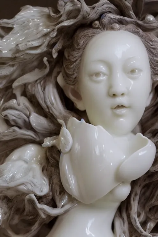 Prompt: full head and shoulders, beautiful female porcelain sculpture, smooth, painted willow tea cup features, delicate facial features, white eyes, white lashes, giant sculpture in ornate french ballroom, by daniel arsham and jeff moons
