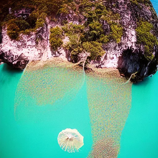 Prompt: aerial expired kodak portra film photograph of flying jellyfish casting shadows on thailand island