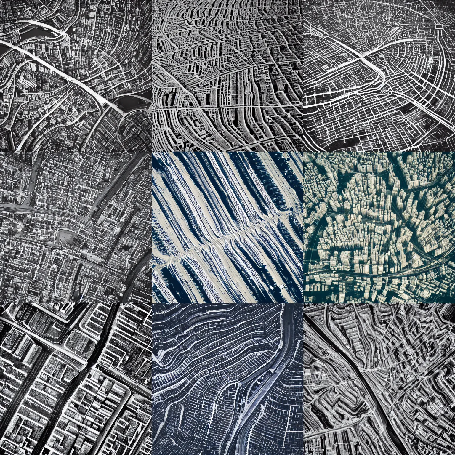 Prompt: aerial shot of a city, the streets forming a pattern like veins in a forearm