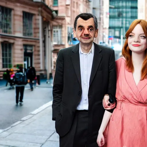 Image similar to Mr Bean dating Emma Stone, TMZ, XF IQ4, f/1.4, ISO 200, 1/160s, 8K, Sense of Depth, color and contrast corrected, Nvidia AI, Dolby Vision, symmetrical balance, in-frame