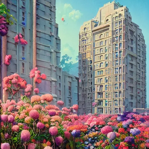 Image similar to painting of an art deco building surrounded by flowers, a watercolor and matte painting by beeple and rhads and mark keathley, wes anderson, cgsociety, artdeco!!, dystopian art, retrofuturism, sci - fi, artstation hq