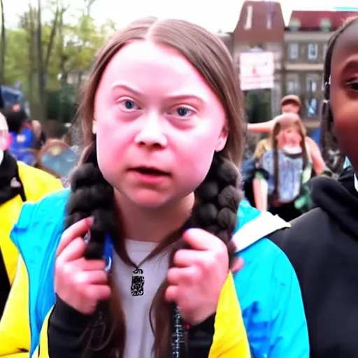 Image similar to greta thunberg hip hop rap battle video still,