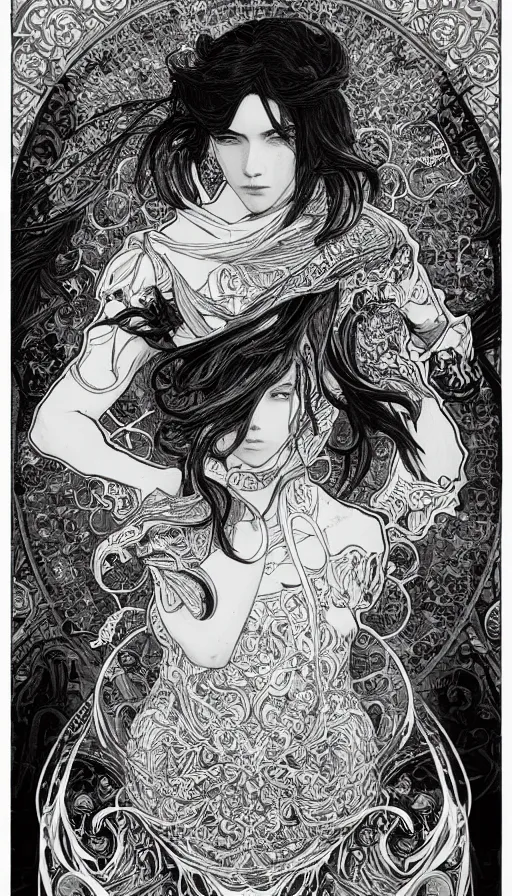 Prompt: a black and white ink fine ink drawing of athief, from of thrones, fibonacci, sweat drops, intricate fashion clothing, insane, intricate, highly detailed, surrealistic, digital painting, artstation, concept art, smooth, sharp focus, illustration, unreal engine 5, 8 k, art by alphonse mucha and travis charest