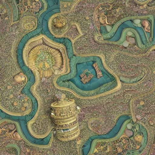 Image similar to intricate baroque kawaii cartography map of a fantasy world : : terrain cartography, fantasy aesthetic, autodesk 3 d rendering, v - ray collection, maverick studio, arnold 3 d render, blender render, indigo renderer, redshift render, enscape render, maxwell render, luxcorerender, renderman, lumion render, marmoset render