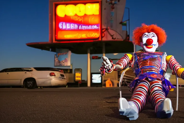 Image similar to clown - robot relaxing at a california drive in, in 2 0 1 2, cutecore clowncore, bathed in the the glow of the sunset, low - light photograph, in style of tyler mitchell