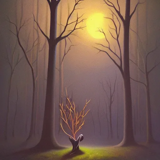 Prompt: surreal oil painting of folk legend creature in the forest, dim light, artistic moon