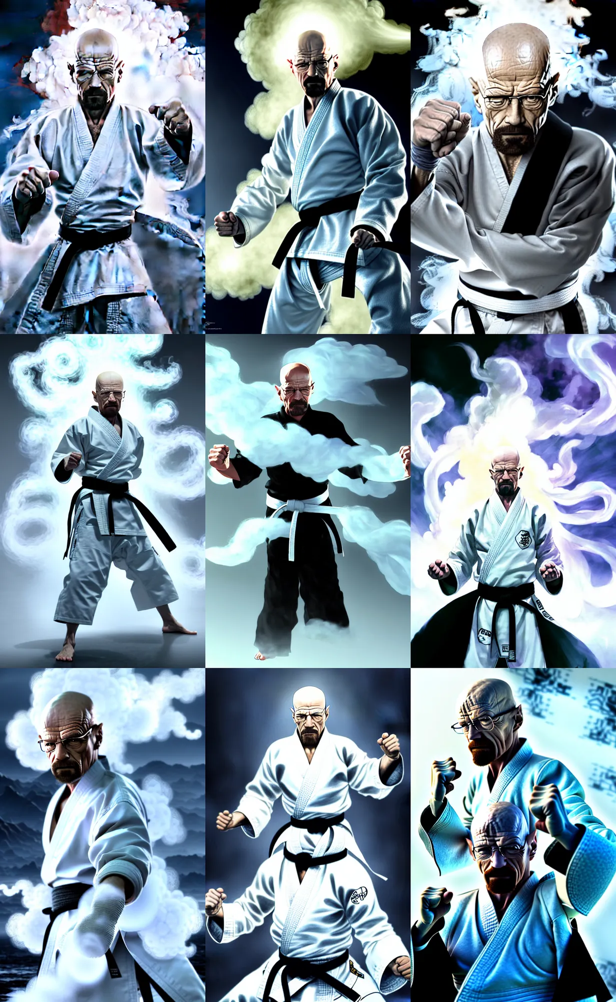 Prompt: Epic Concept art of grandmaster walter white wearing a white martial artist gi, fighting pose with clenched fists, bald head and white beard, emanating white smoke, fog fills the area, character surrounded by wispy smoke, plain background, by Chen Uen, art by Yoji Shinkawa, 4k