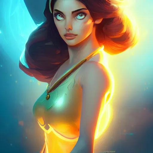 Image similar to Portrait of Ana de Armas as Athena, a full powered goddess, shining eyes, fiery menacing face, mattepainting concept Blizzard pixar maya engine on stylized background splash comics global illumination lighting artstation lois van baarle, ilya kuvshinov, rossdraws