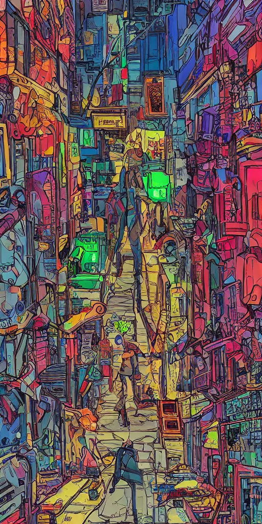 Prompt: person standing in a cyberpunk alley, pop art, markers, rtx, 8 k, ray tracing, highly detailed