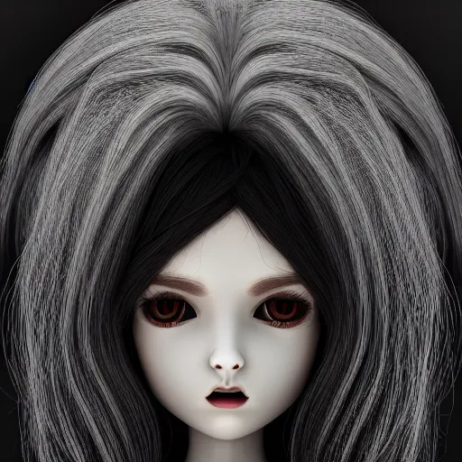 Image similar to beautiful ball jointed doll head, long shiny hair, intricate detailed, sharp focus, octane render, high quality, Symmetrical composition, 8k, volumetric lighting, on black background