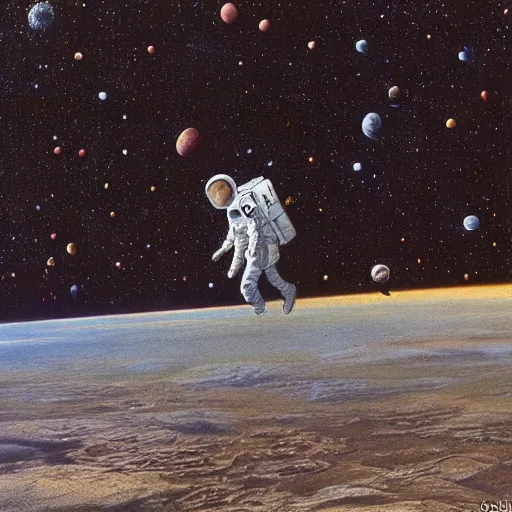 Prompt: the meadows of an alien world where gravity is crushing and full of organisms that resemble walking tables, alan bean illustration