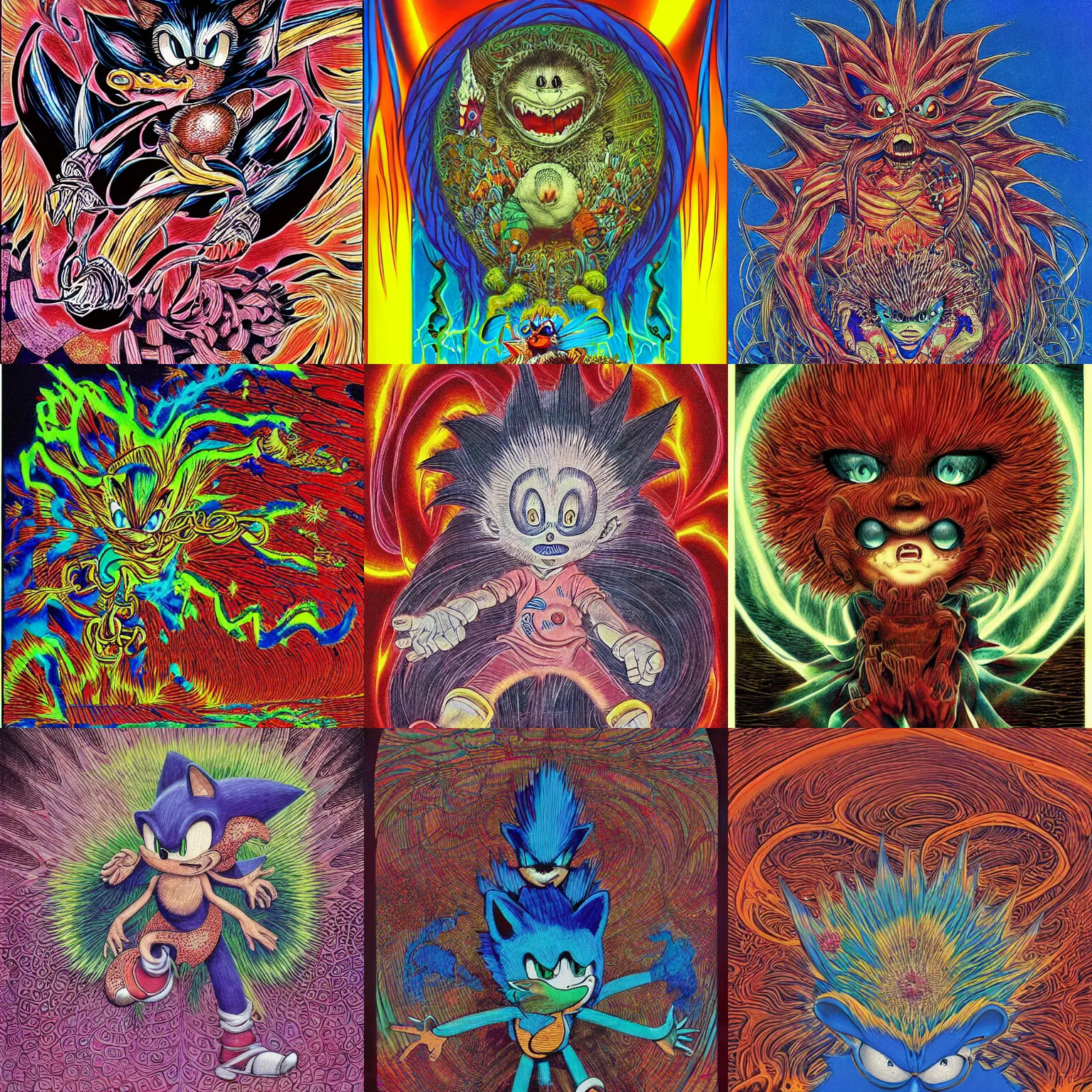 Prompt: sonic the hedgehog as a Conjuring Psychedelic Illustration of sonic the hedgehog, by Shintaro Kago, Kentaro Miura, grotesque, rich deep colors. Beksinski painting, art by Takato Yamamoto. masterpiece