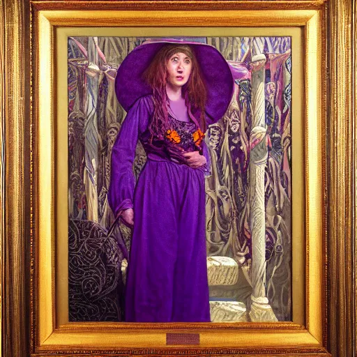 Image similar to portrait of a witch, wearing purple clothes with gold embroidery, by donato giancola, alex ross, and berthold woltze.