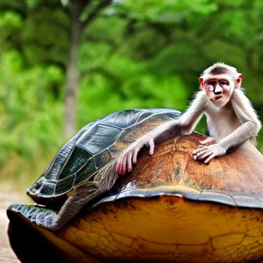 Image similar to a monkey sitting on the back of a turtle