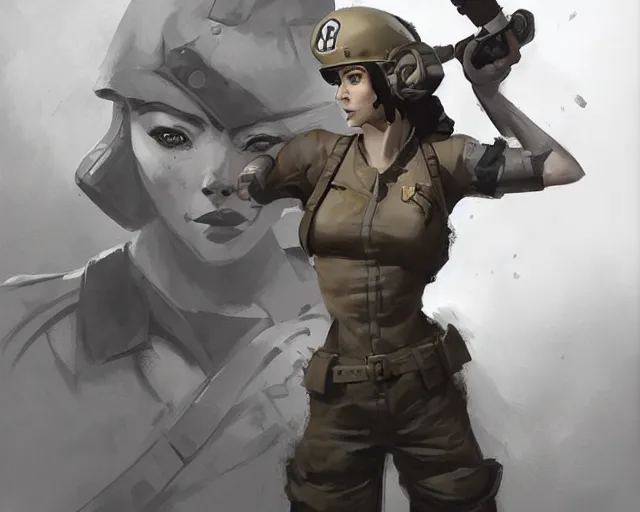 Image similar to portrait of a buff female ww ii soldier in team fortress 2 style, epic, tragic, dark fantasy art, fantasy, pretty, hd shot, digital portrait, beautiful, artstation, comic style, by artgerm, guy denning, jakub rozalski, magali villeneuve and charlie bowater