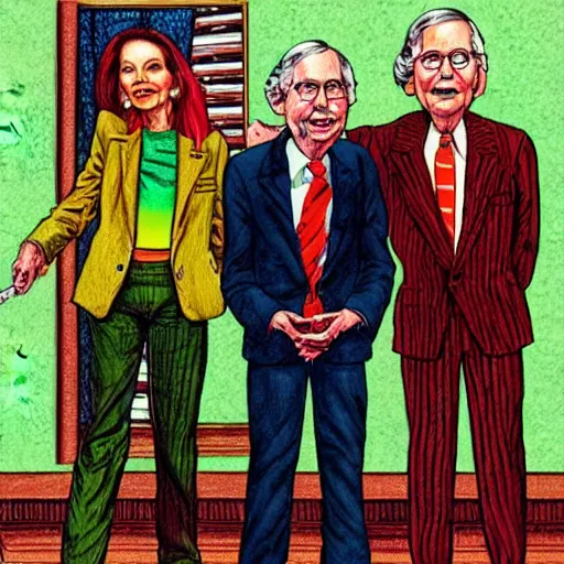 Image similar to The Artwork of R. Crumb and his Cheap Suit Mitch McConnell and Nancy Pelosi, pencil and colored marker artwork, trailer-trash lifestyle