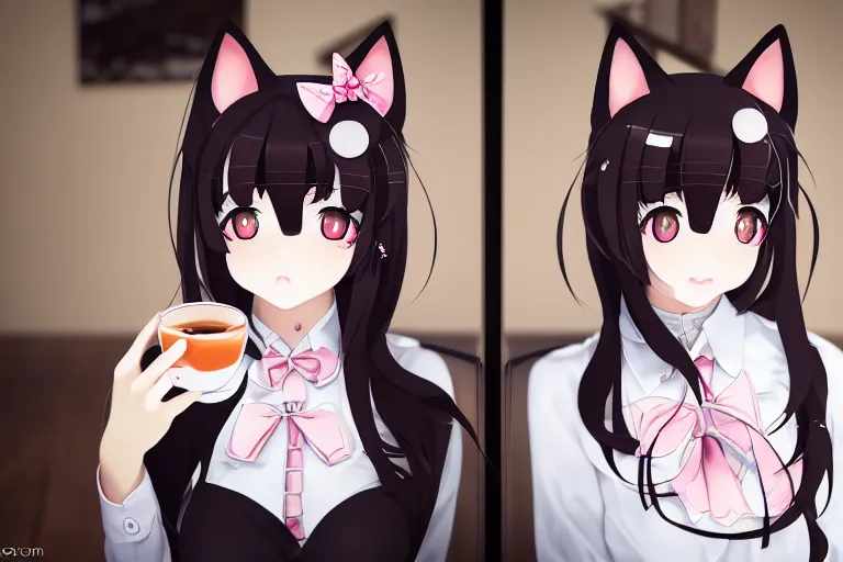 japanese catgirls caffe, dressed, symmetrical,, Stable Diffusion