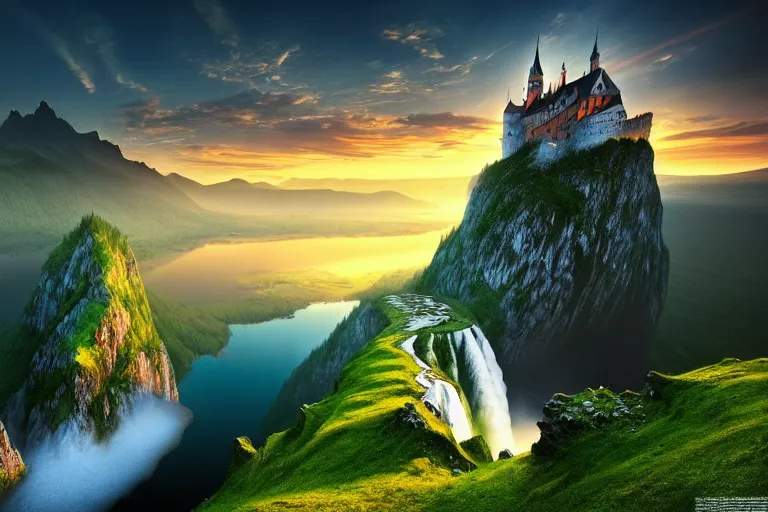 Image similar to Gediminas Pranckevicius amazing landscape photo of mountains with lake and castle on top of a waterfall at infinite view at sunset by marc adamus beautiful dramatic lighting very detailed 8k wallpaper,