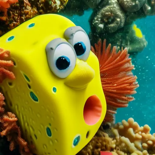 Image similar to 4k shot macro lence of a Spong that looks exactly as Spongebob inside a coral reef