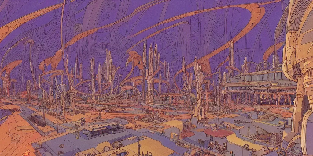 Image similar to cel shaded cinematic shot of the interior of a sci-fi space station with ornate Elven architecture bustling with various intelligent alien species, epic castle, emerald, crystalline, detailed illustration, sharp focus, crisp lines, art by Moebius, Jean Giraud Moebius comic illustration